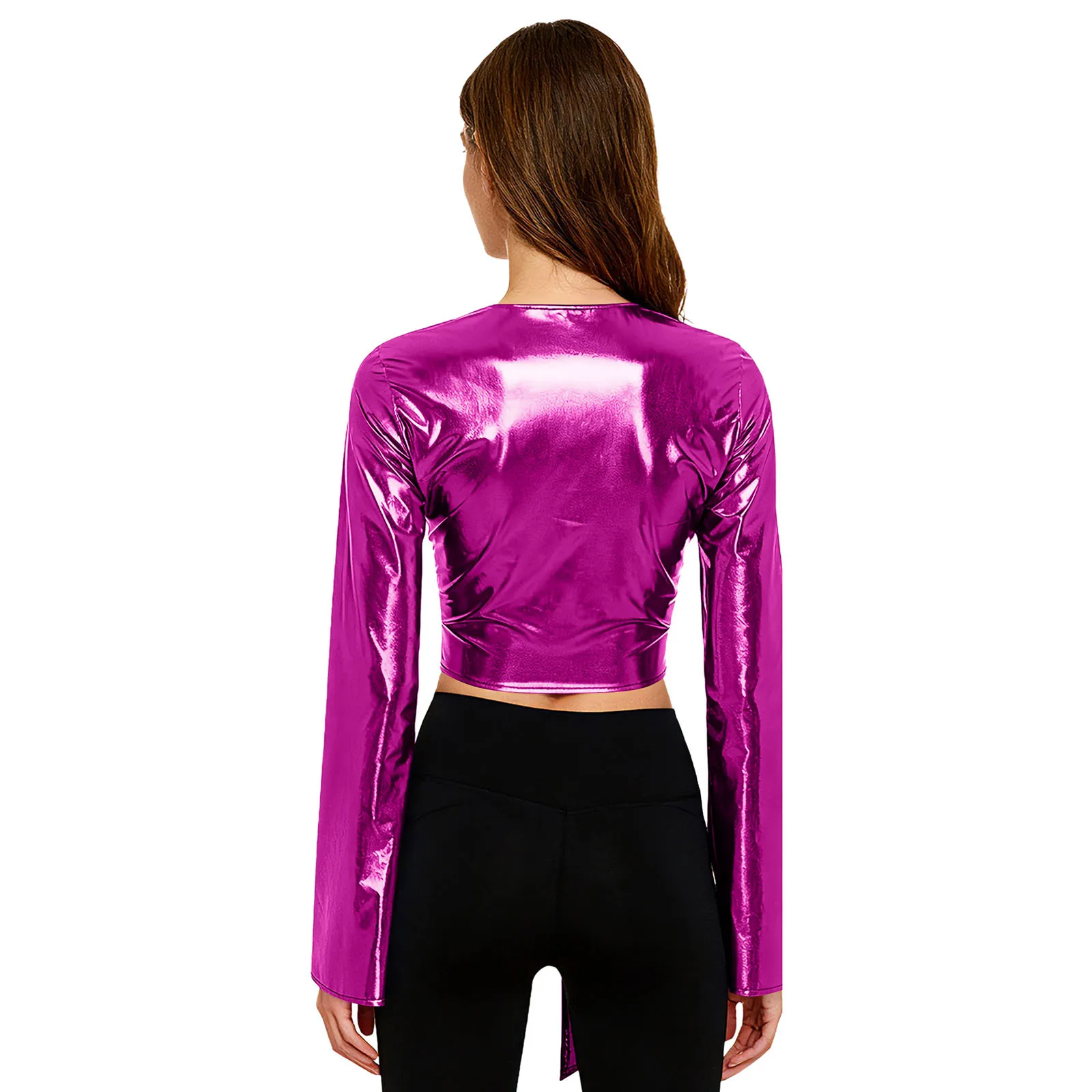 Womens Lace-Up Wrap Metallic T-shirt Tops Clubwear Long Flared Sleeves Crop Top Cover Up Workout Dance Costume Yoga Fitness