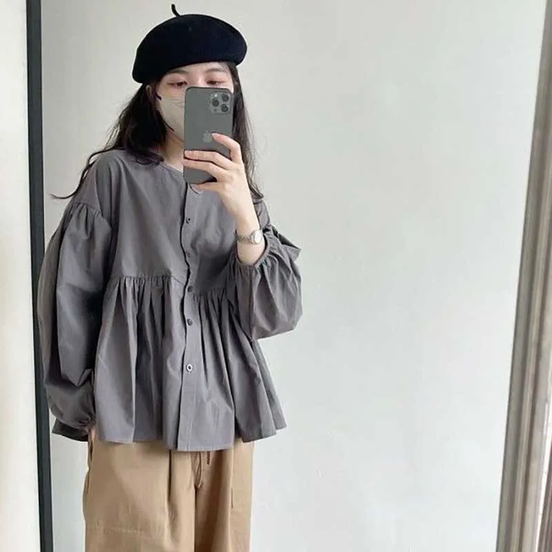 Sweet O-Neck Button Loose Solid Color Folds Shirts Female Clothing 2024 Spring New Oversized Casual Tops All-match Blouses