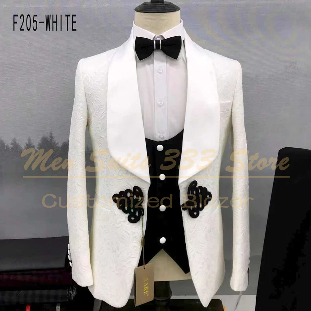 

Elegant Jacquard Men's Suits 3 Piece Jacket Pants Vest High Quality Single Breasted Shawl Lapel Slim Fit Groommen Wedding Blazer
