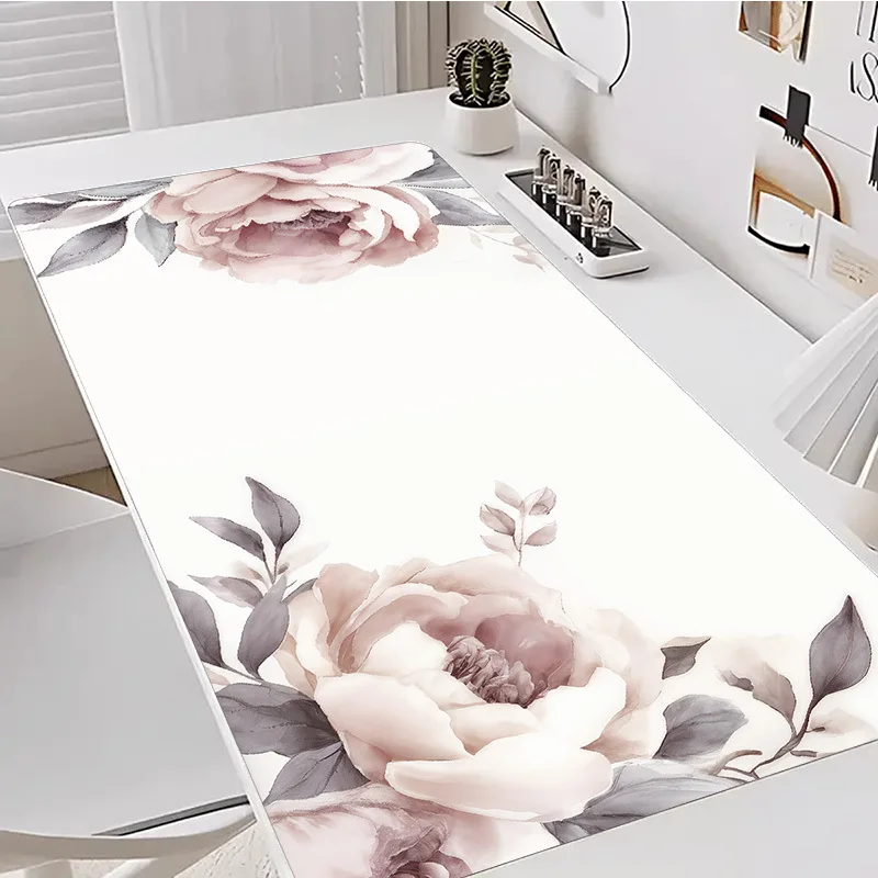 Large Floral Desk Mat - HD Printed XXL Mouse Pad with an Elegant Pink-Gray Floral Design, Made of Soft Rubber Material, Suitable for Computers, Laptops, And