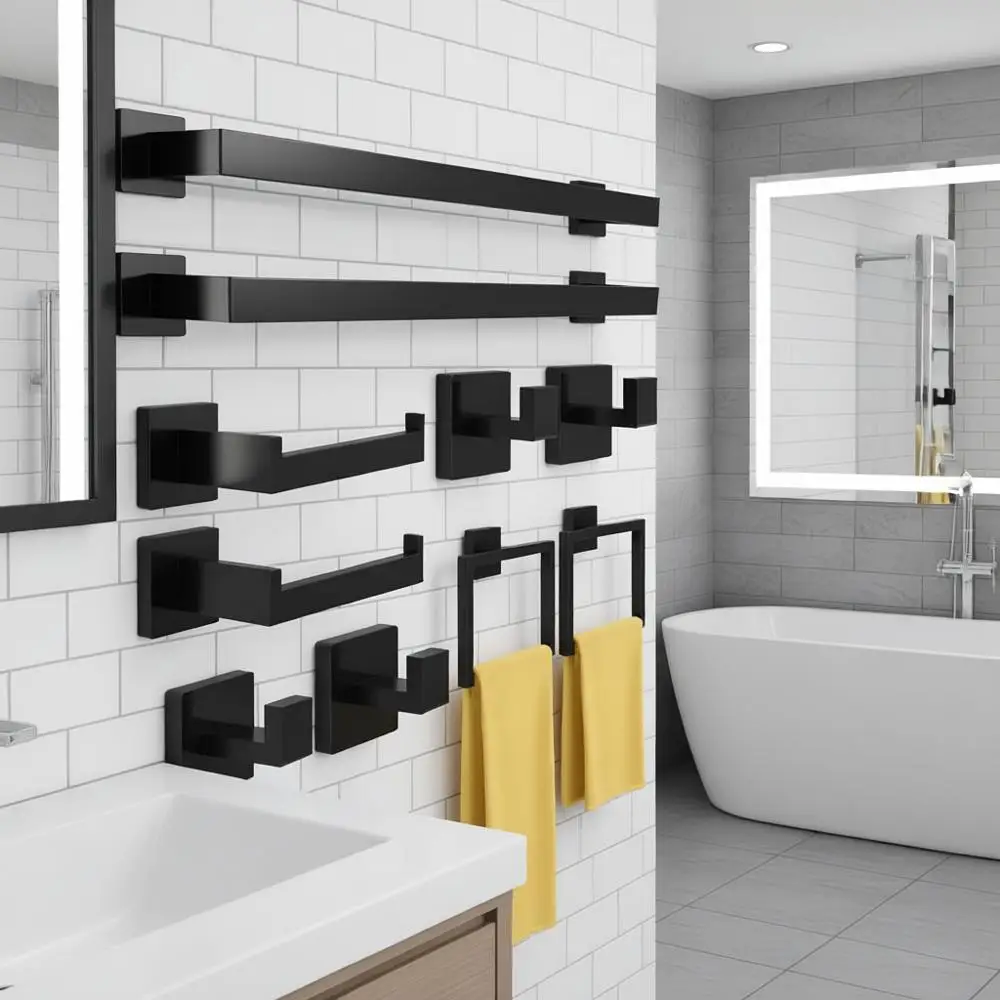 

10-Piece Black Stainless Steel Towel Bar Set, 24 Wall-Mounted Bathroom Hardware Accessories