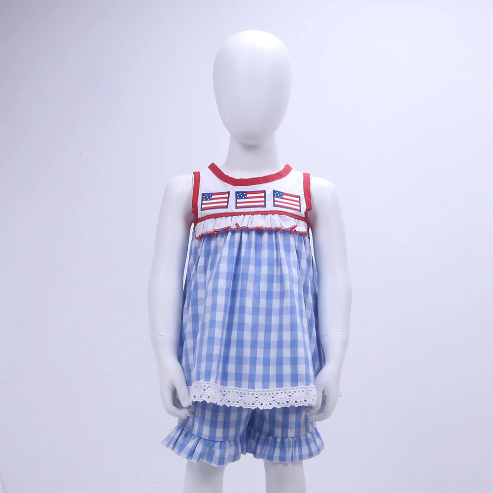 Baby Girls Clothes Cotton Kids Clothes Set For Summer New Style Pretty Flag Embroidery Blue Dress Blue Grid Sports Shorts Girls