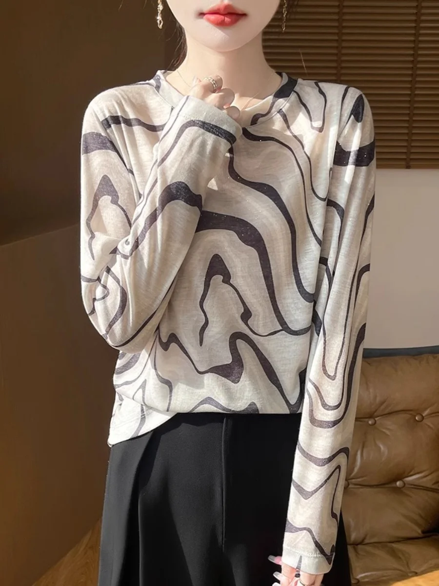 

Женский тонкий трикотажный топ свободного кроя с круглым вырезом и принтом, повседневный, с эффектом похудения