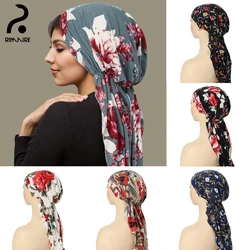 Soft Floral Print Muslim Hijab Hats Designer Inner Caps High Quality Turban Ladies Stretch Undercap Thin Headband Shawl RIMAIRE