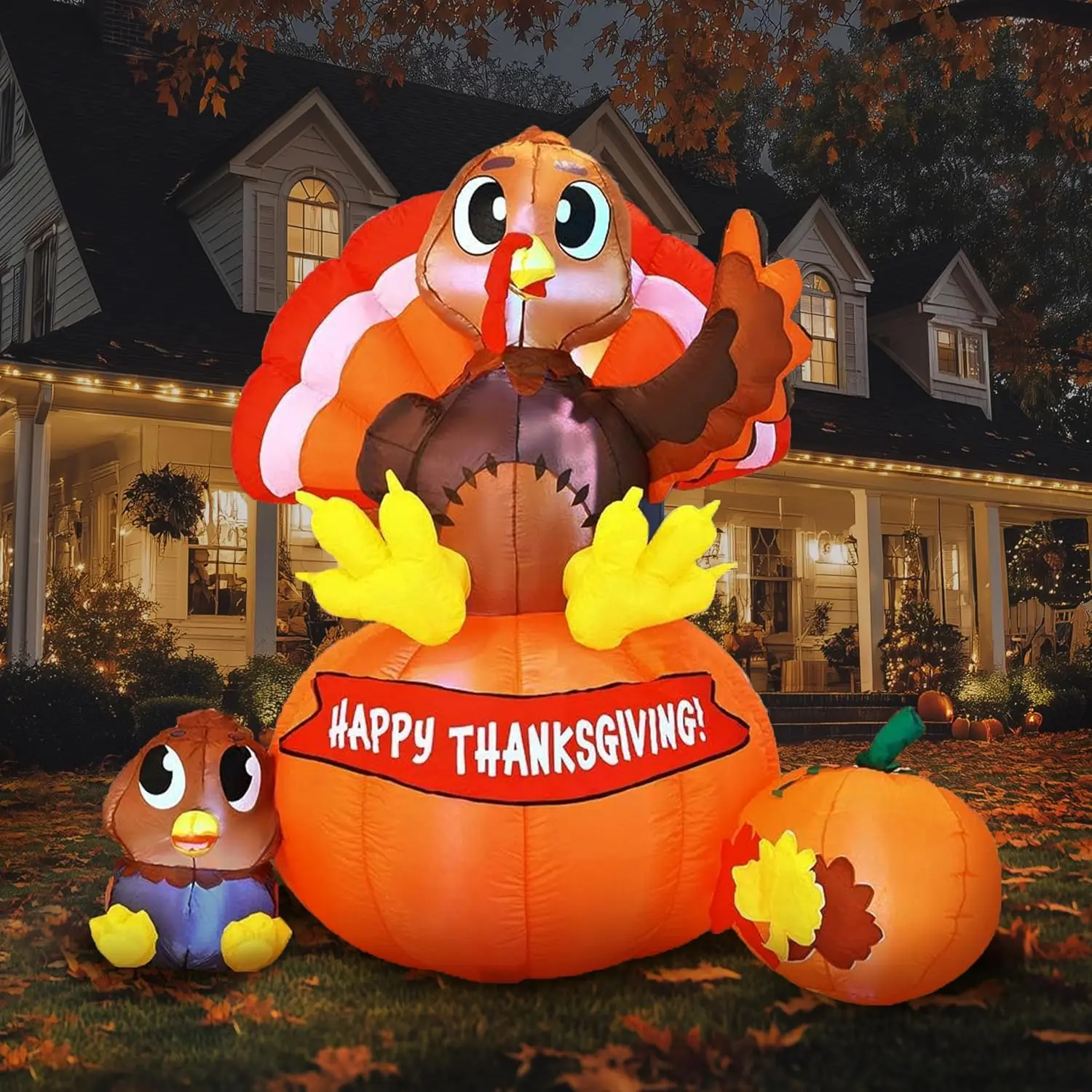 6 ft Thanksgiving Inflatable Turkey on Pumpkin Decoration, LED Light Up Blow for Autumn Family Party Décor, Halloween Yard