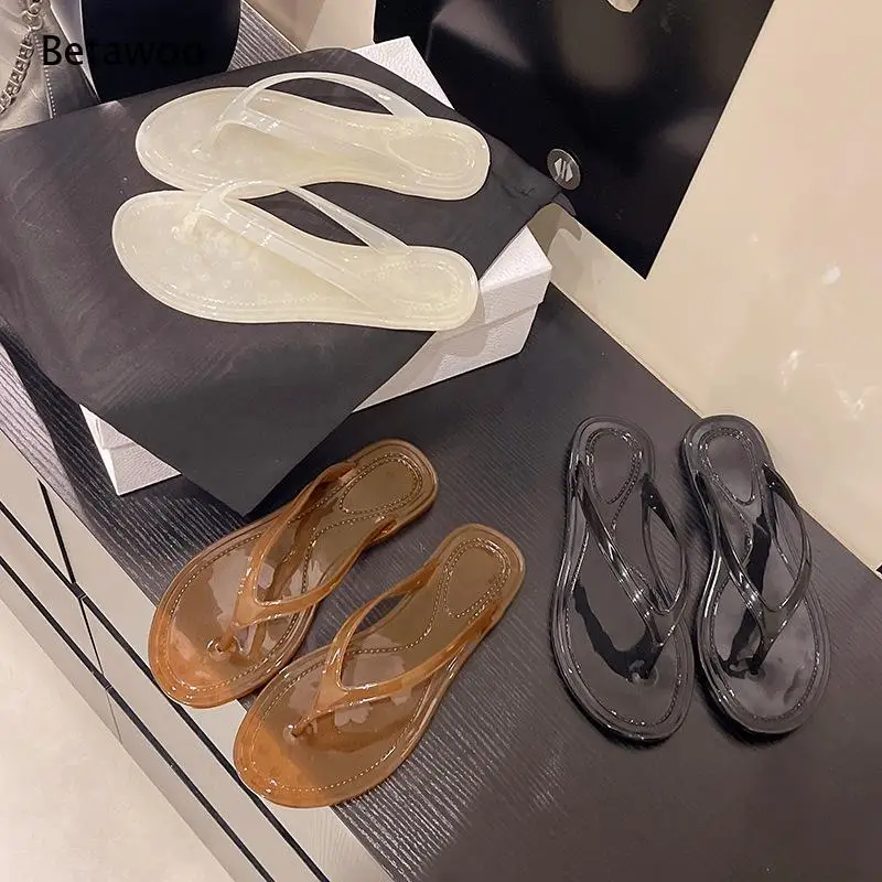 European Style Clear Jelly Toe Ring Flat Sandals Women Summer Casual Slip On Slides Comfortable Beach Shoes
