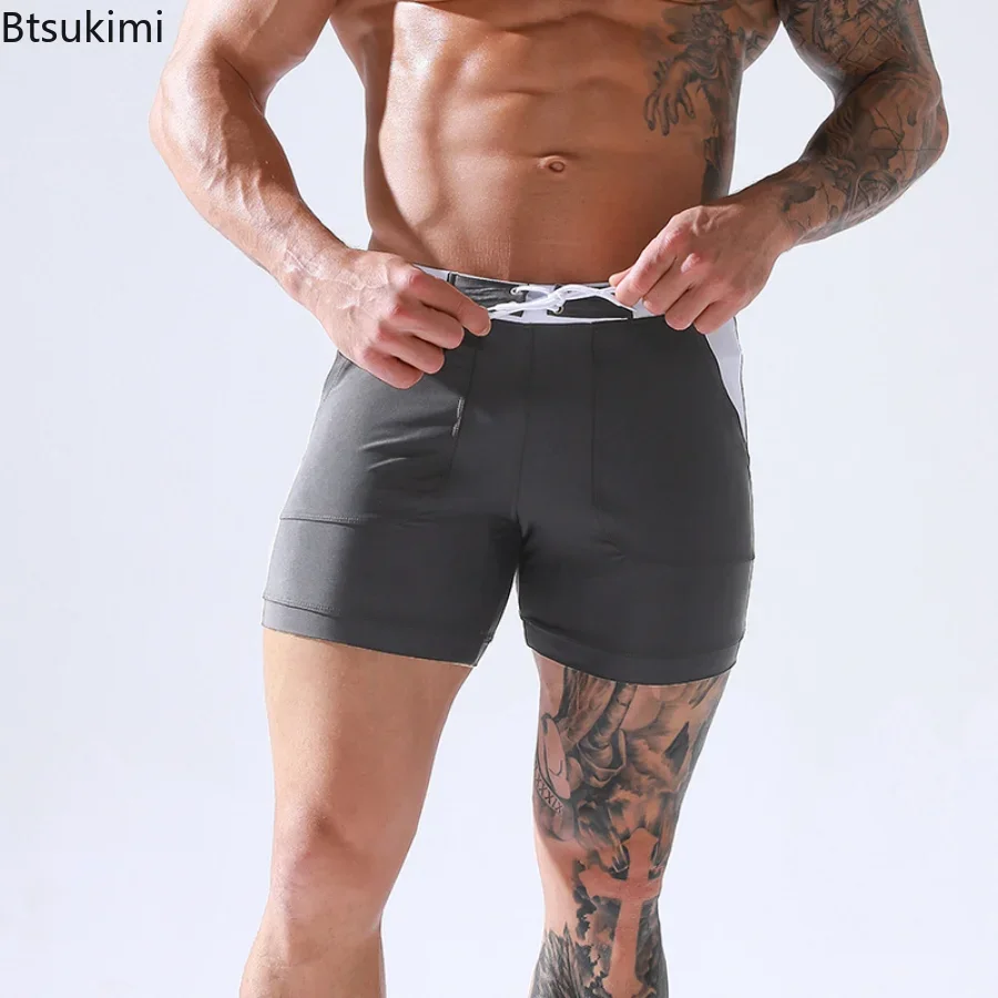 Men\'s Summer Swimwear Shorts Quick Dry Swimming Trunks Surf Board Solid Shorts Boxer Briefs Swimsuit Beach Sun Bathing Shorts