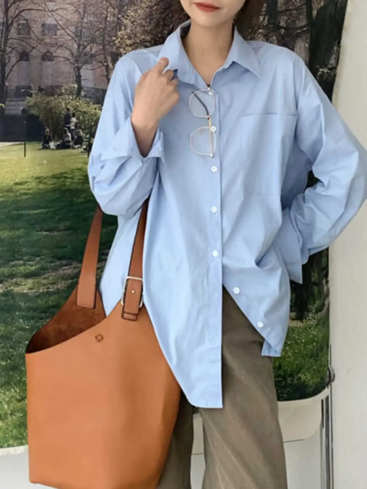 

Elegant Blue Shirt Korean Style Fashion Simple Commute Women's Versatile Layering Inner Wear Top High-End Feeling Blouse