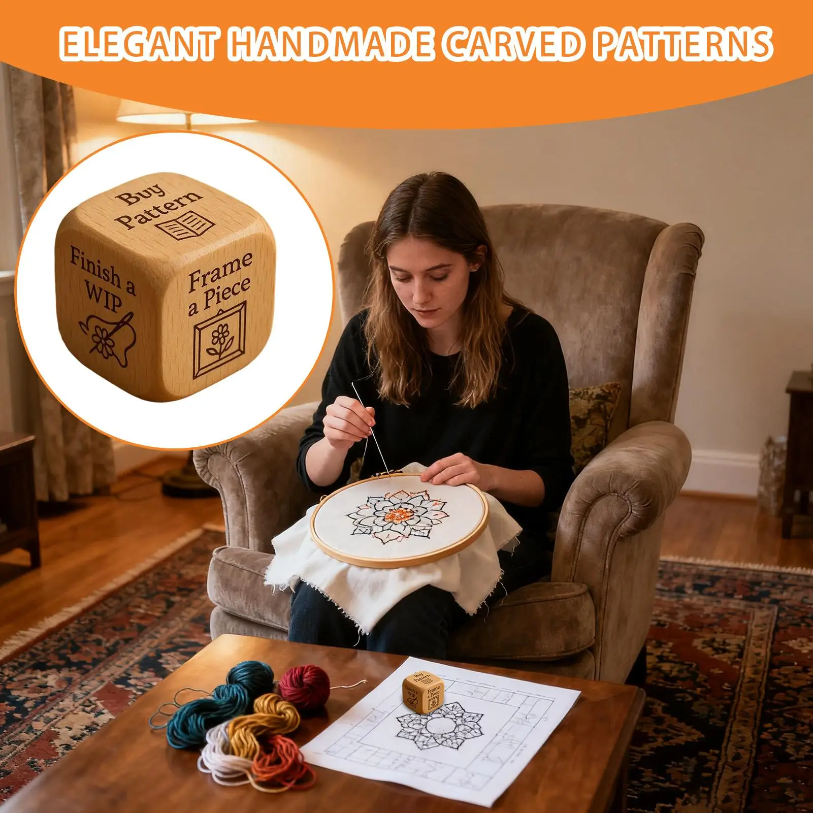 Embroiderer Dice Wooden 6-Sided Craft Supplies Bind A Quilt Stitching Tasks Quilter Dice For Home Travel Workshop Artwork