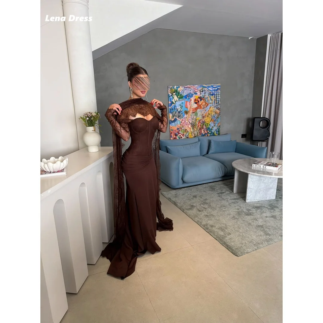 Lena Shawl Elegant Evening Dresses for Woman Luxury Women's Elegant Party Dress Customized Fish Tail Brown Embroidered Lace Prom