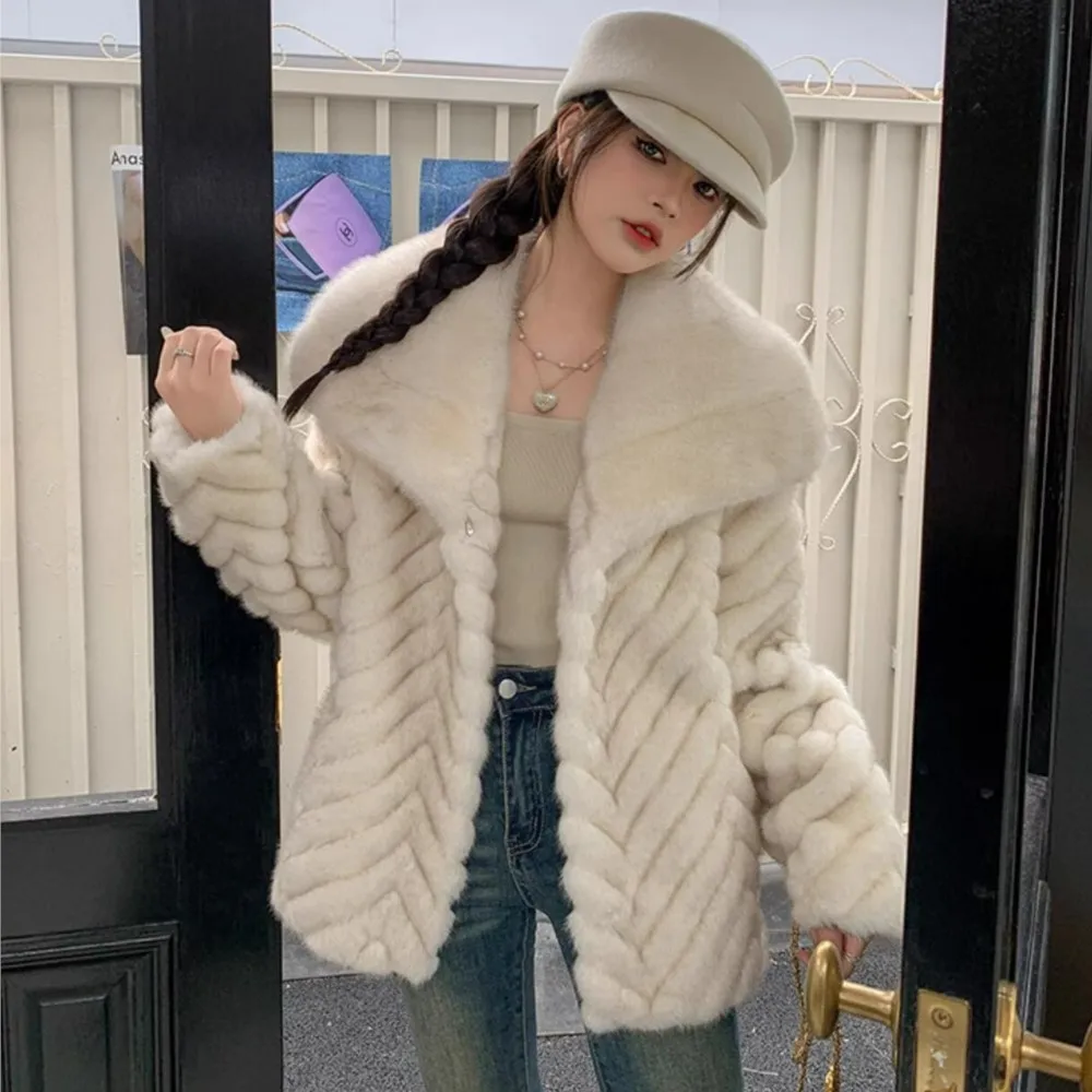 Winter Creamy-white Embossing Wave Strip Pattern Faux Mink Fur Coat CHIC Women Large Lapel Full Sleeve Loose Outerwear