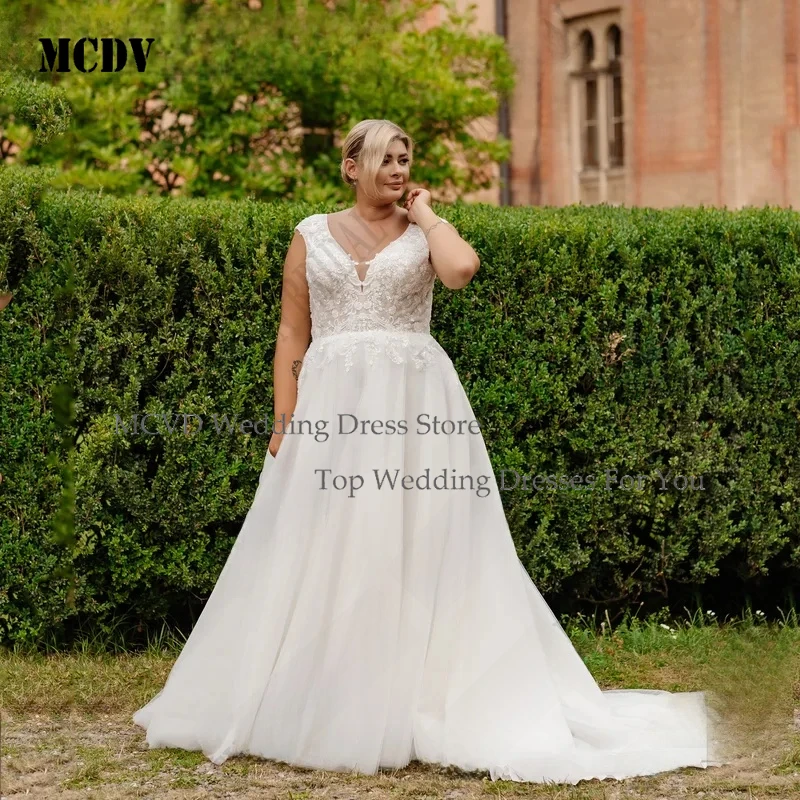 

Женские свадебные платья MCDV А-силуэта с короткими рукавами, V-образным вырезом, открытой спиной, из тюля и кружева, больших размеров, на заказ.