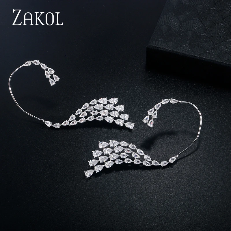 ZAKOL Korean Luxury Wings Leaf Stud Earrings for Women Fashion White Gold Color Water Drop Cubic Zirconia Party Jewelry