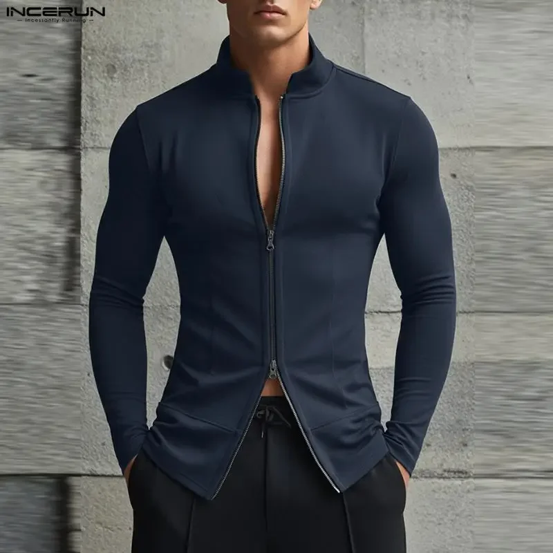 

INCERUN Men Shirt Solid Color Stand Collar Long Sleeve Casual Men Clothing Zipper Streetwear Spring 2026 Fashion Camisas Tops