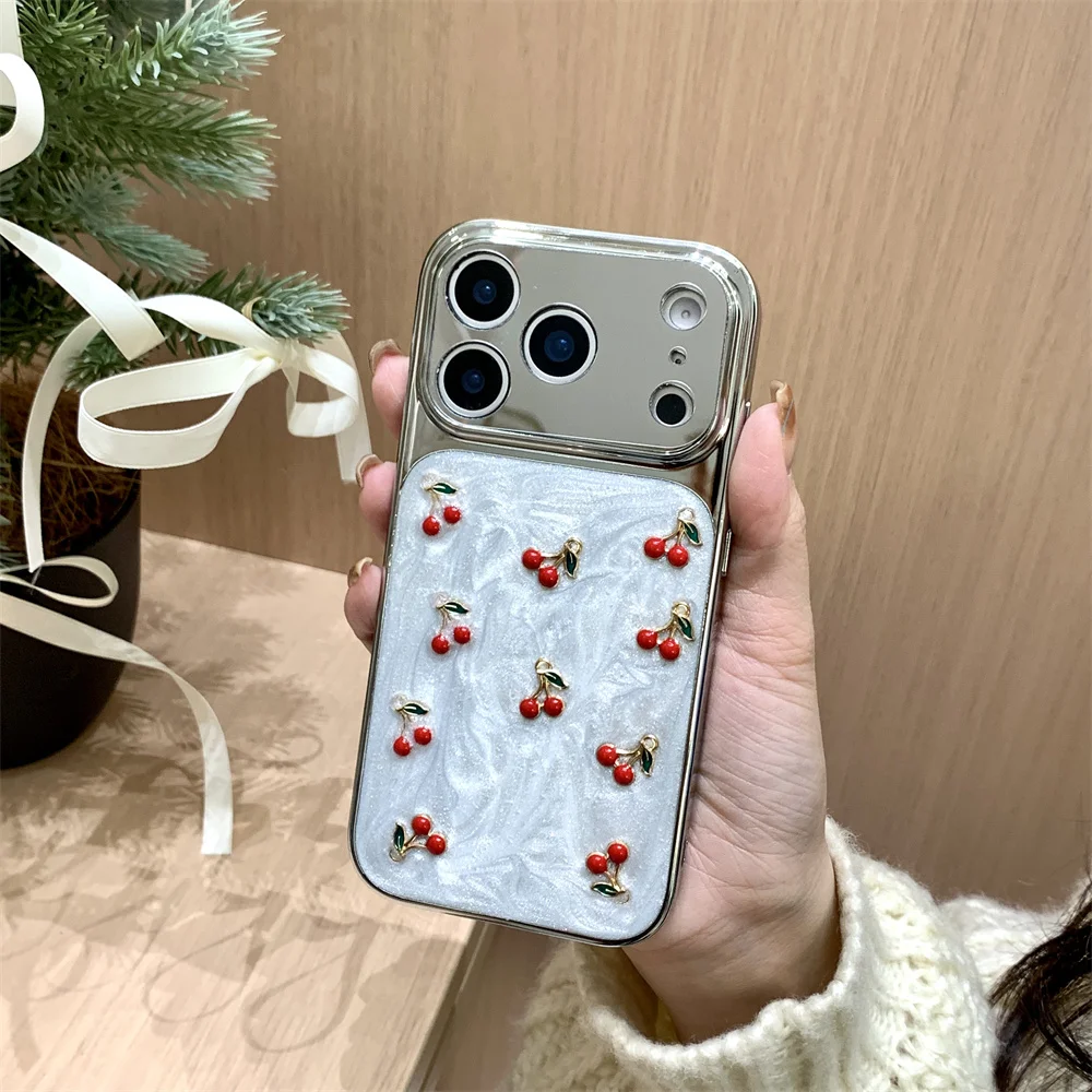 

Y2K 3D Cherry Plating Glossy Phone Case for iPhone 17 Pro Max Delicate Cute Glitter Marble Shockproof Cover for iPhone 16 15 14