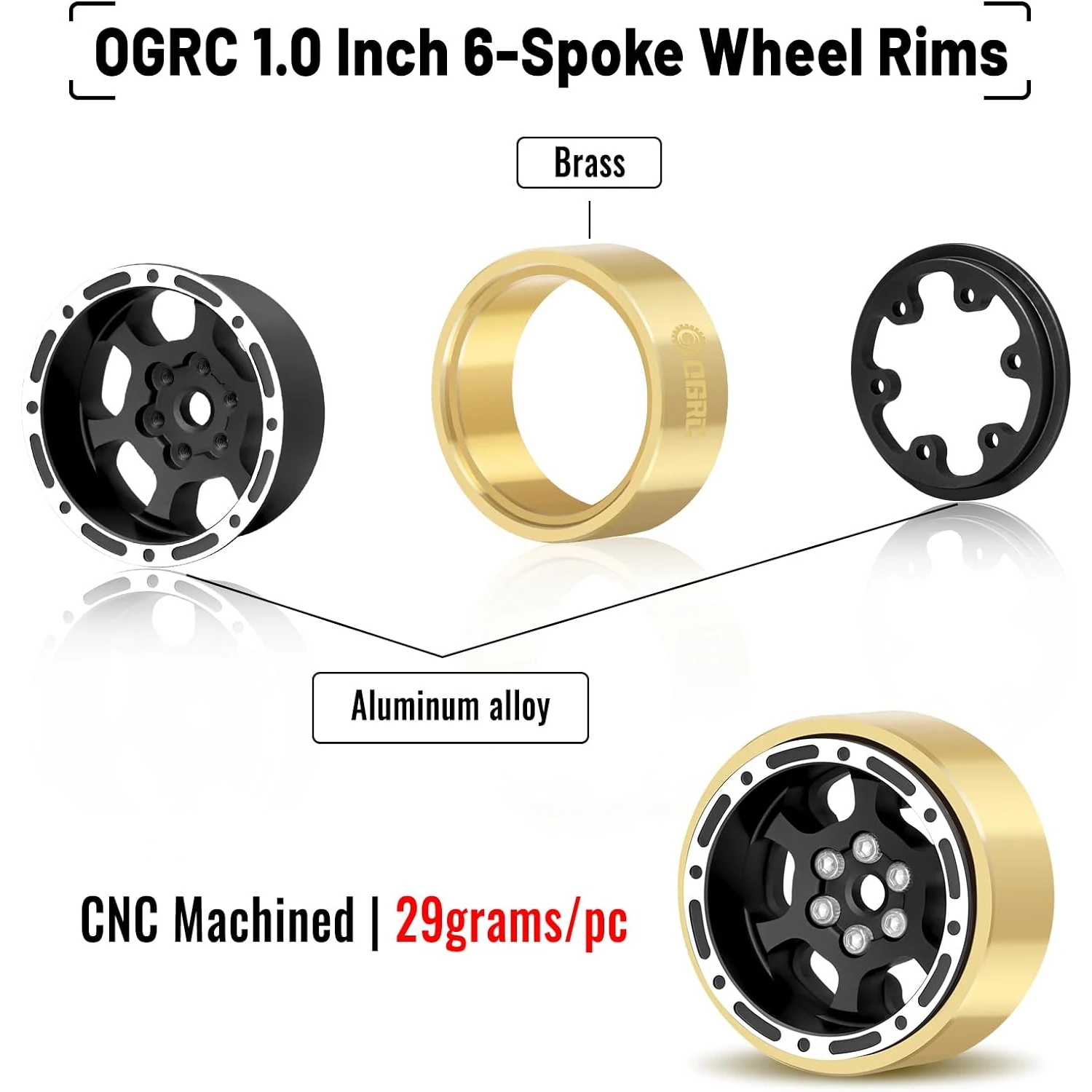 OGRC 1.0 Beadlock Wheel Rims Set 6-Spoke Rims RC Crawler Wheels with Brass Ring for TRX4M SCX24 FCX24 1/24 1/18 RC Upgrade Parts