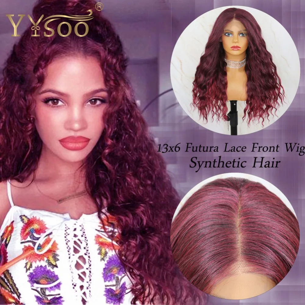 

YYsoo Long Red Kinky Curly Synthetic Lace Front Wigs for Women 13x6 Futura Heat Resistant Fiber Loose Wave Highlights Ombre Wig