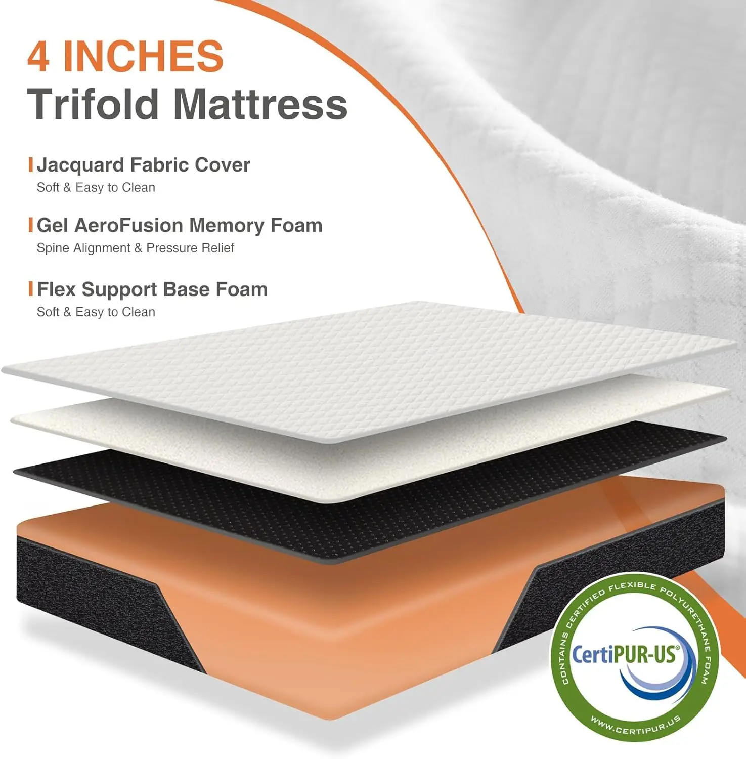 Tri-fold Memory Foam Mattress - 4 Inch Full Size Portable Bed Pad, Foldable Floor Mat, Collapsible and Washable Cove