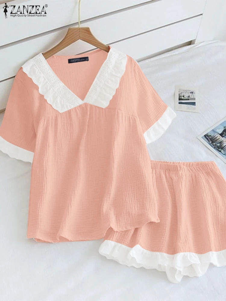 

ZANZEA Lace Short Sets Women Short Sleeve Tops Ruffled Short 2025 Elegant Short Matching Sets Summer Casual Solid Outfits