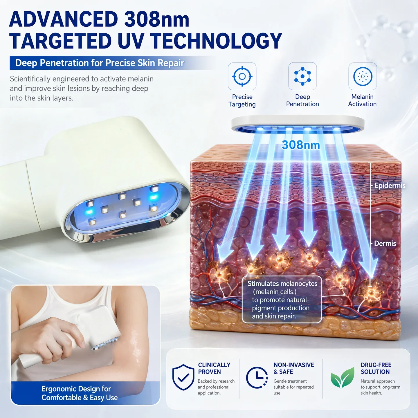 Handheld Vitiligo Lamp Home Use 308nm UVB Lamp for Vitiligo Phototherapy Light Therapy for Psoriasis Spots Eczema Skin Disease