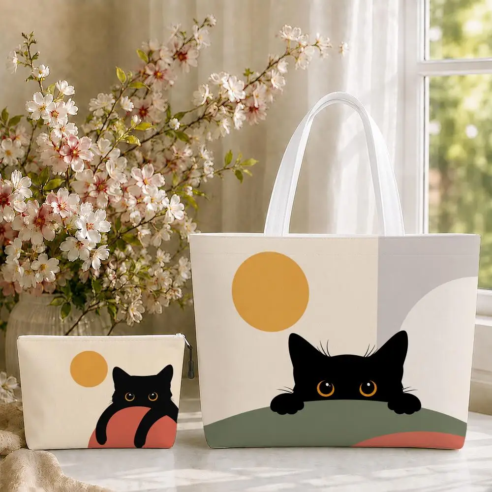 Cute Cat Cartoon Animal Storage Bags 2PC Canvas Tote Bag Set with Zipper Handbags Makeup Pouch Set Travel Bag