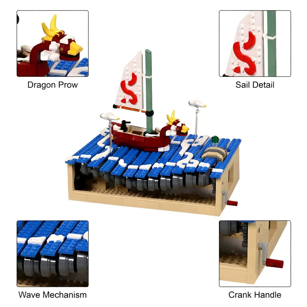 MOC Wind Adventure Red Dragon Boat Building Blocks Ocean Wave Mechanical Ship Model Desktop Decor Bricks Display Gift Toy view 3