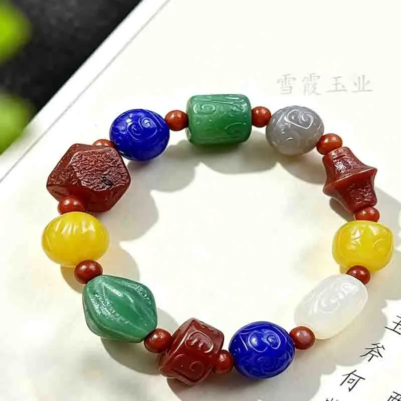Colorful Multi-Bead With Paisley Pattern, Carved , Agate Bracelet