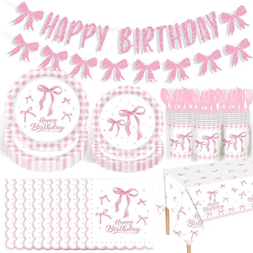 Różowa kokardka Zastawa stołowa Jednorazowy papierowy talerz Papierowy kubek Serwetka Baby Shower Dziewczynka Dekoracje urodzinowe Baner