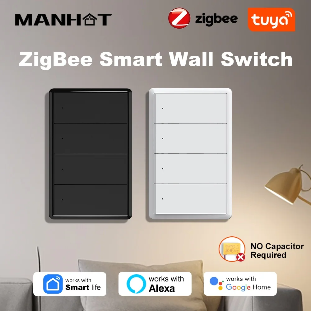 

Tuya Zigbee Smart Light Switch No Capacitor Required Push Button Wall Switch 1/2/3/4 Gang Work With Alexa Google Home 110-240V