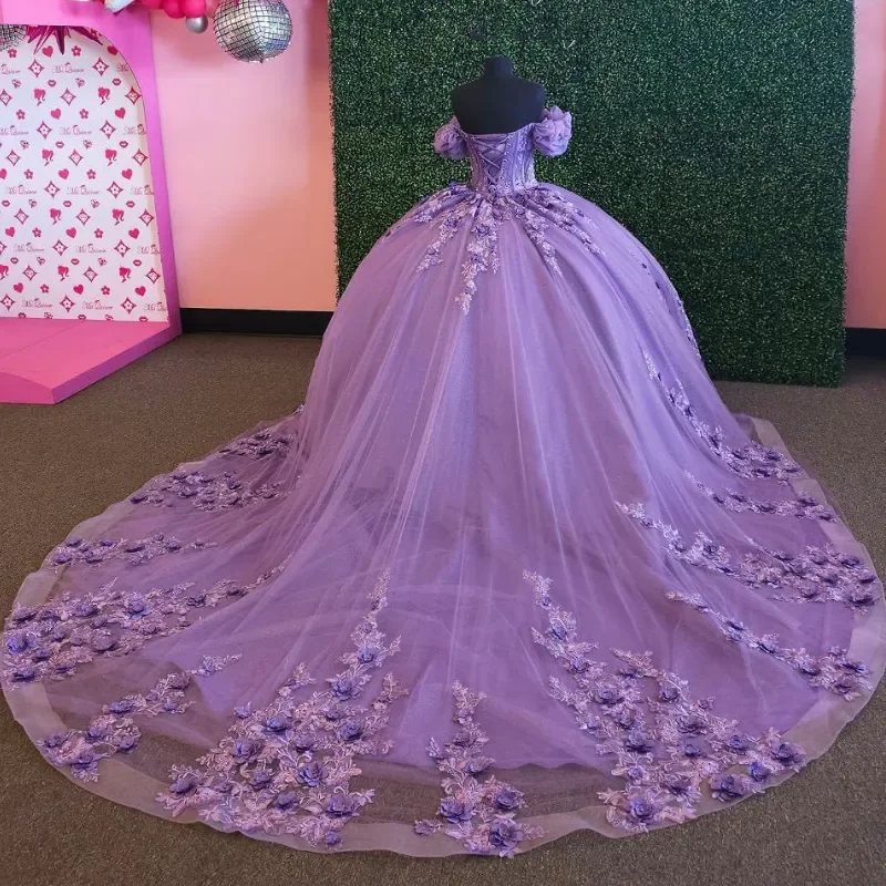 Gaun Quinceanera mewah Lavender Court Train Off Shoulder renda Applique manik-manik Meksiko manis 16 Vestidos De XV 15 Anos kustom