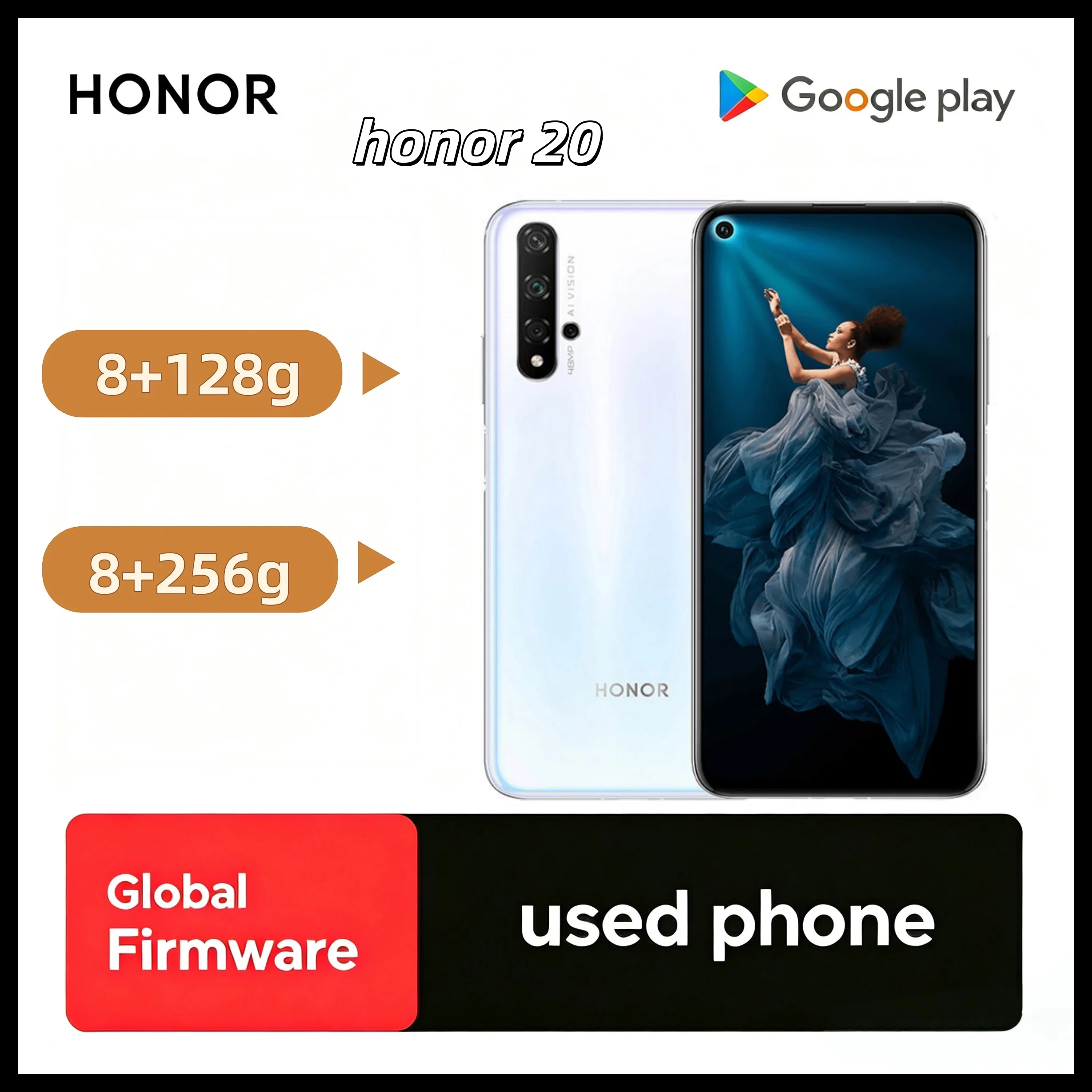 Celular Usado Honor 20 com Impressão Digital Lateral, Câmera Quádrupla, Dual SIM Desbloqueado