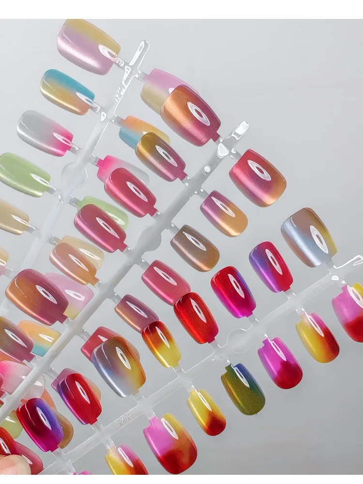 30 Stück handgemachte Gradient-Katzenaugen-Press-On-Kunstnägel, mittelkurze Nagelspitzen, beliebtes Design, Blumendekoration, vollständige Abdeckung – Detail 5