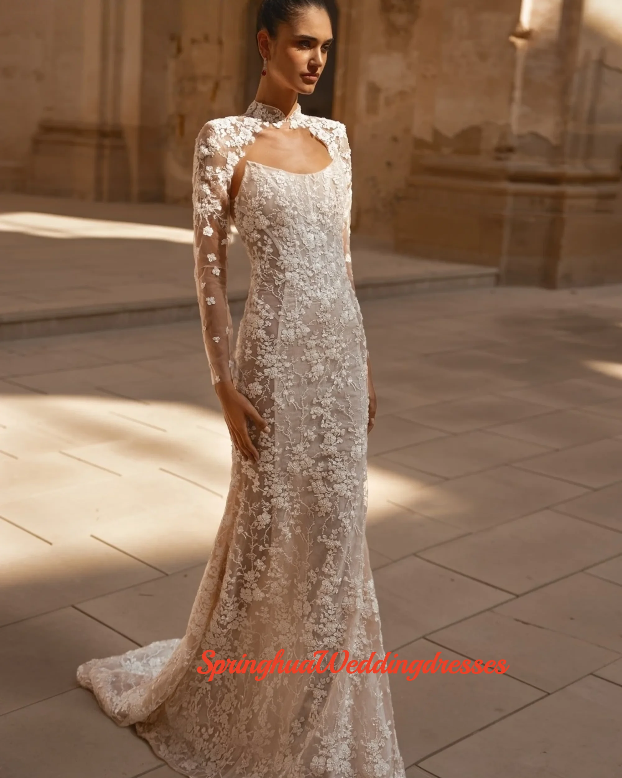 Customzied Detachable Sleeve Beaded Appliques Wedding Dress Illusion Backless Mermaid Long Bridal Gown New  Dresses For Bride