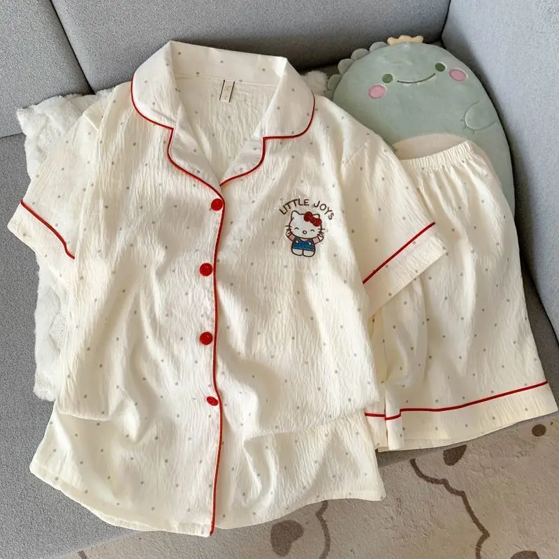 

Хлопковая ночная рубашка Sanrio Hello Kitty, летний пижамный комплект, шорты, одежда для сна с короткими рукавами, пижама с рисунком Kawaii, женская домашняя одежда, новинка