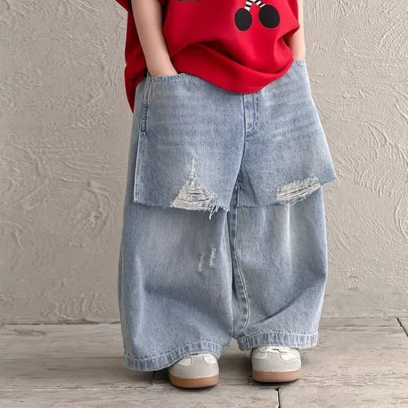 2026 Autumn 2-8Yrs Kids Boys Patched Jeans UNITIM Children Boys Hole Pants Loose Elastic Waist Toddler Baby Boys Denim Pants