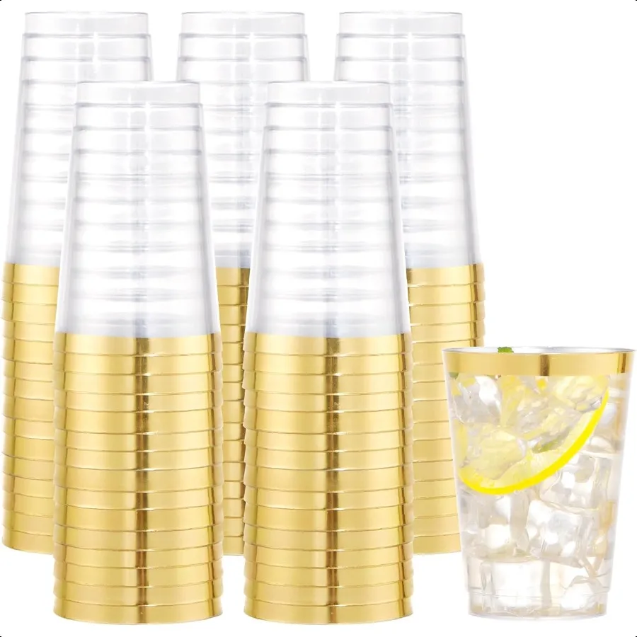 

100PCS Gold Plastic Cups10 oz Clear Plastic Cups with Gold Trim Gold Plastic Beer Mugs Hard Plastic Cups For Party Premium Gold