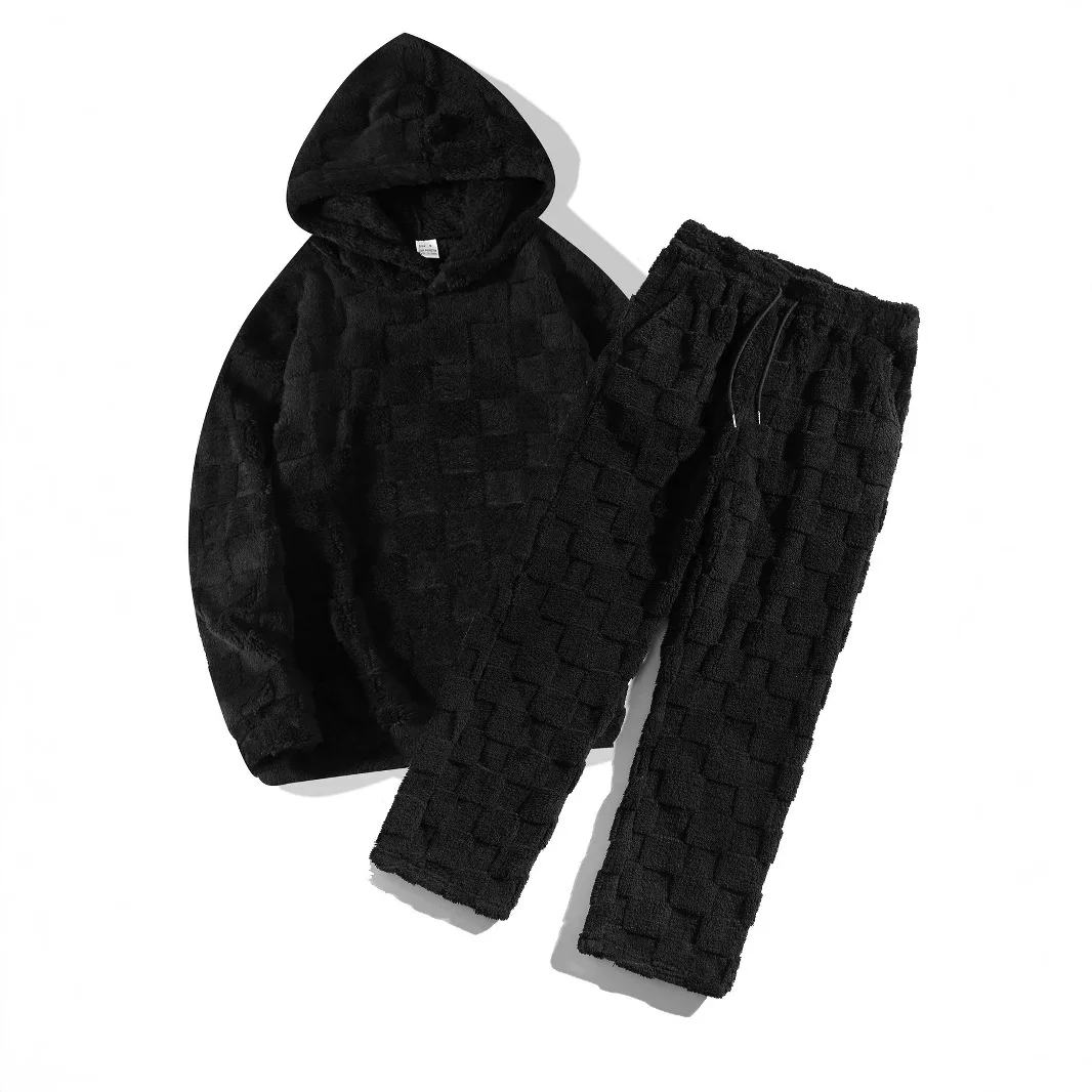 

Mens Autumn Winter New Foreign Trade Plaid Double Sided Plush Hoodie Pants 2 Piece Casual Suit