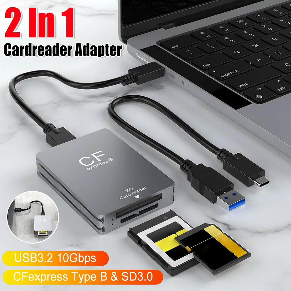 

2 in 1 CFexpress Type B&SD Card Reader Cardreader Adapter with USB C To USB C/A Cable Support for Android/Windows/ OS for SLR