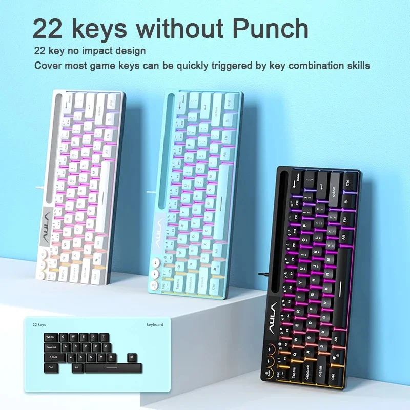 AULA F3061 RGB 64 Keys Wired Membrang Mechanical Keyboard USB Interface for PC/Laptop Connection Phone Slot Space Saving Design