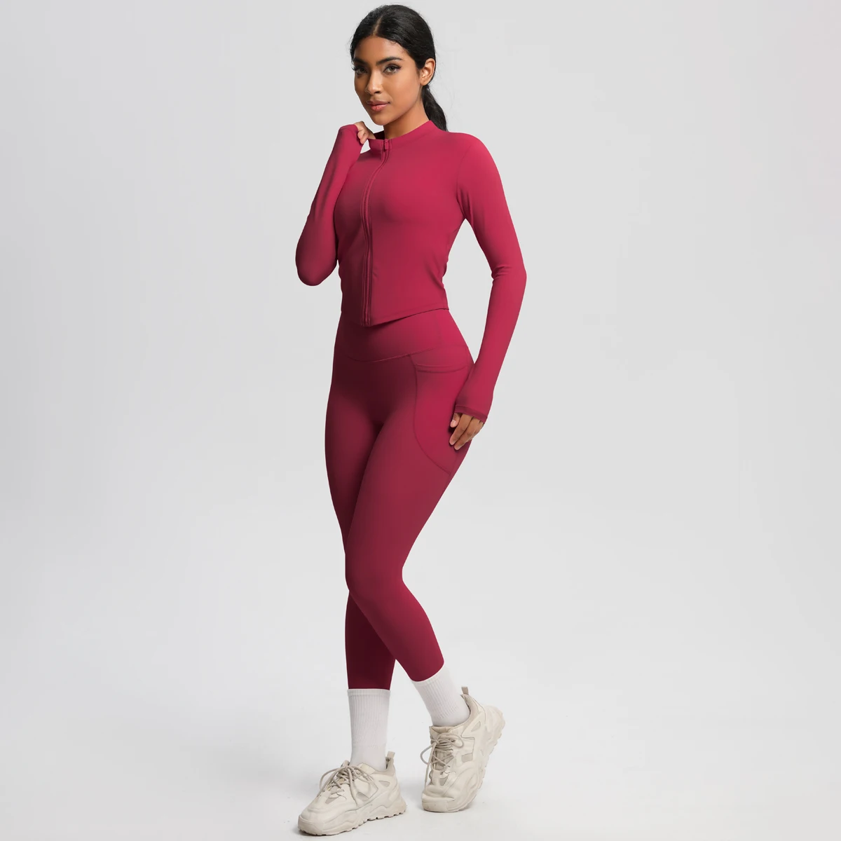 

3 шт., однотонная куртка с длинными рукавами на молнии, комплект брюк, женские брюки для йоги с высокой талией и карманами, спортивная одежда для фитнеса