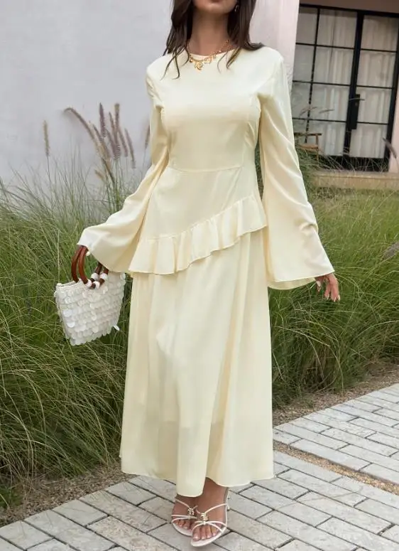 

Women Dresses 2026 Spring Autumn New Solid Color Elegant Long Sleeve Ruffles Splicing Round Neck Casual Loose Fit Long Dress