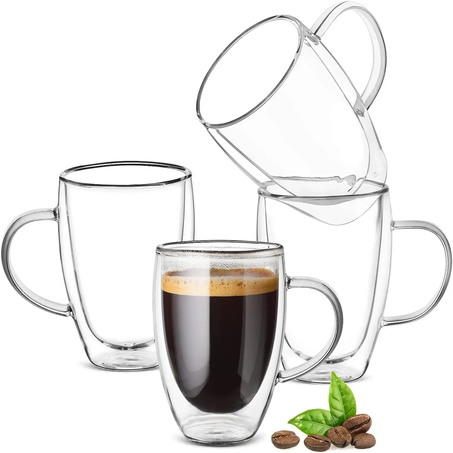 Set of 2 Stylish Double Wall Glass Coffee Cups-12oz Espresso Cappuccino Latte Tea Mugs with Handle, Heat Resistant Dual Layer Cl