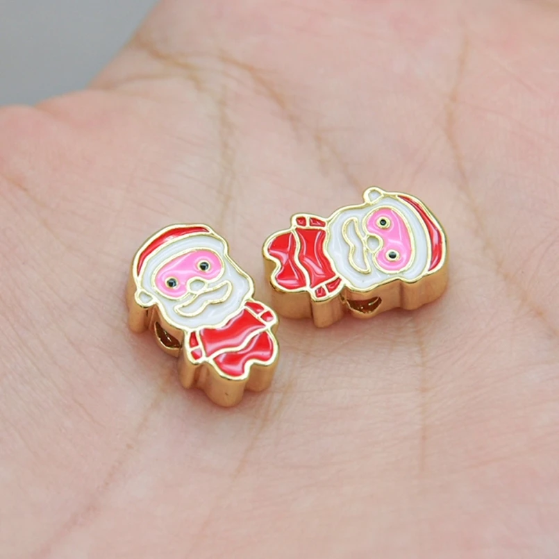

10Pcs Full Hole Christmas Bead Figure Santa Claus Copper Enamel Gold Color Approx 9.8x14.8mm Jewelry
