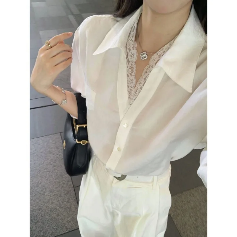 

Elegant Lace Trim Blouse Women Spring Autumn Single Button Pure Desire Long Sleeve Top
