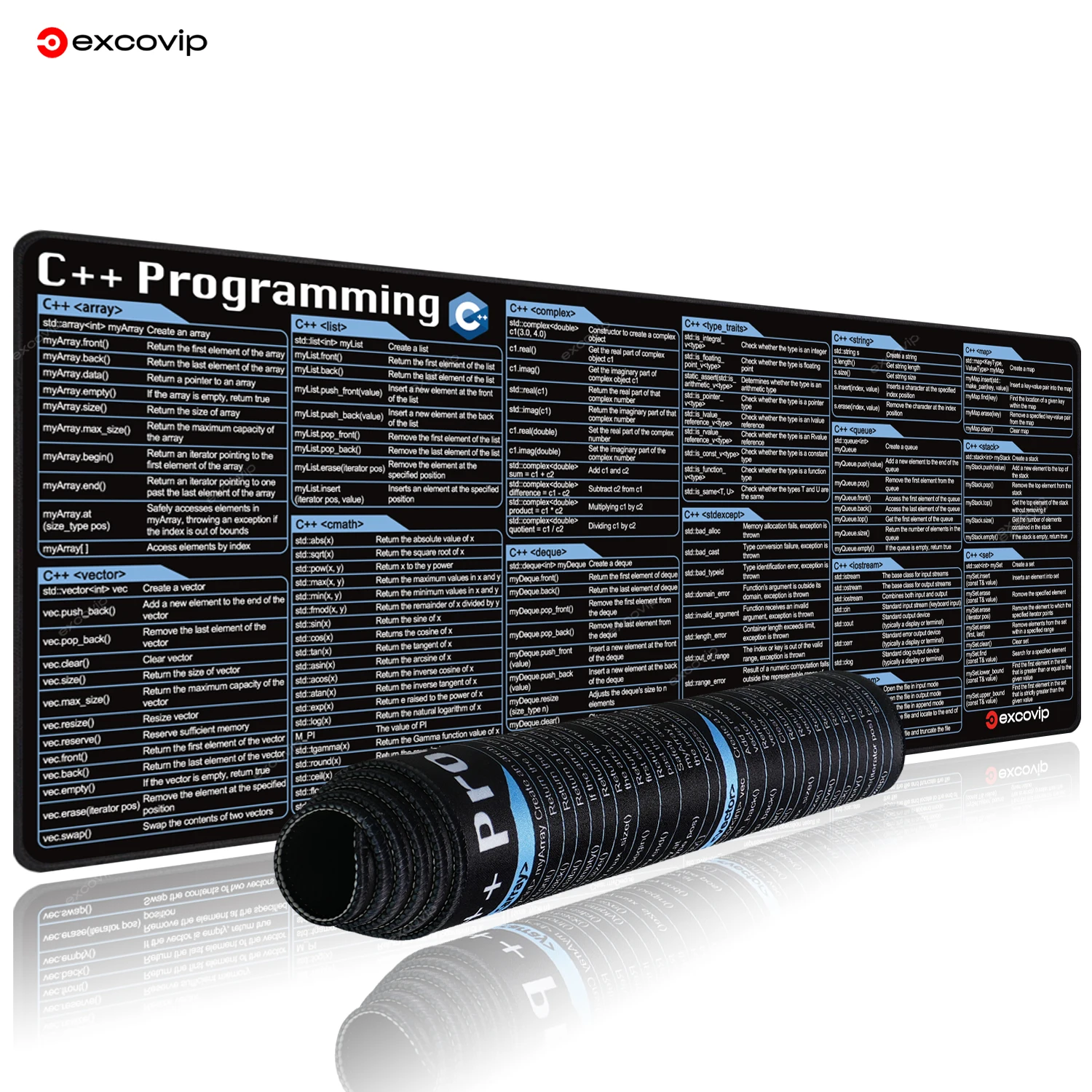 EXCO C++ Programmier-Mauspad, große Tastenkombinationen, Tastatur-Mauspad, Spickzettel, Schreibtischunterlage, genähte Kante, rutschfeste Basis für