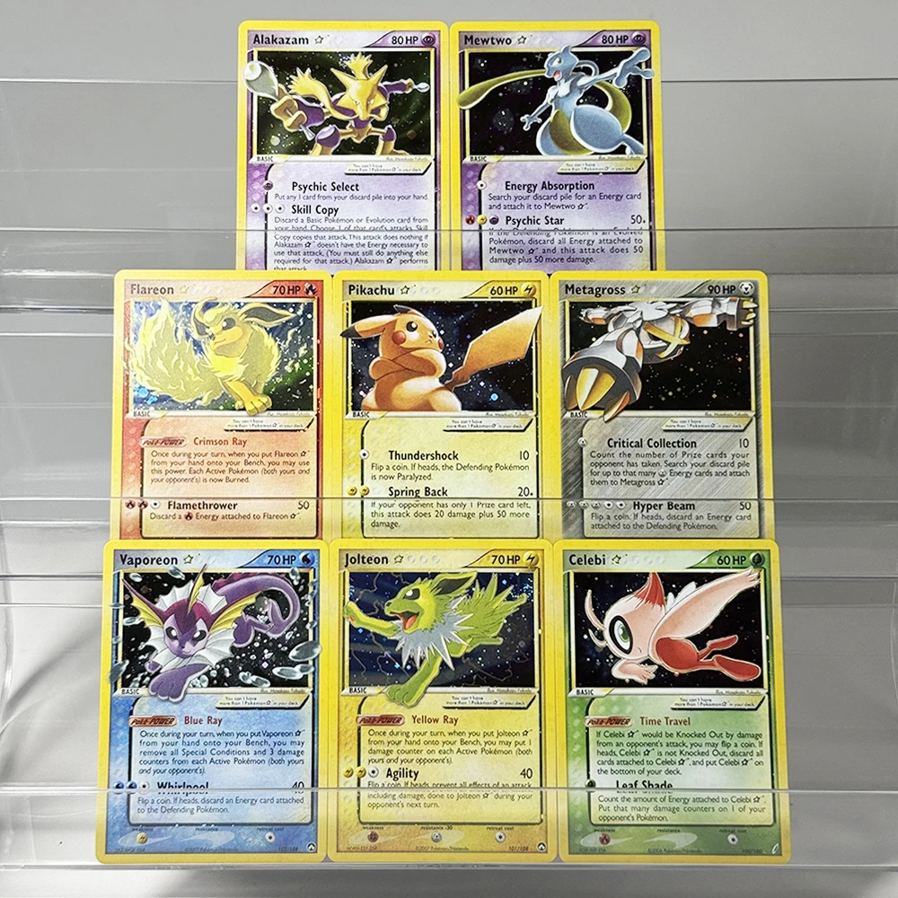 Pokémon English PTCG Old Starry Sky Flash Gold Game Foil Cards Vaporeon Pikachu Alakazam Jolteon Mewtwo Flareon Metagross Celebi
