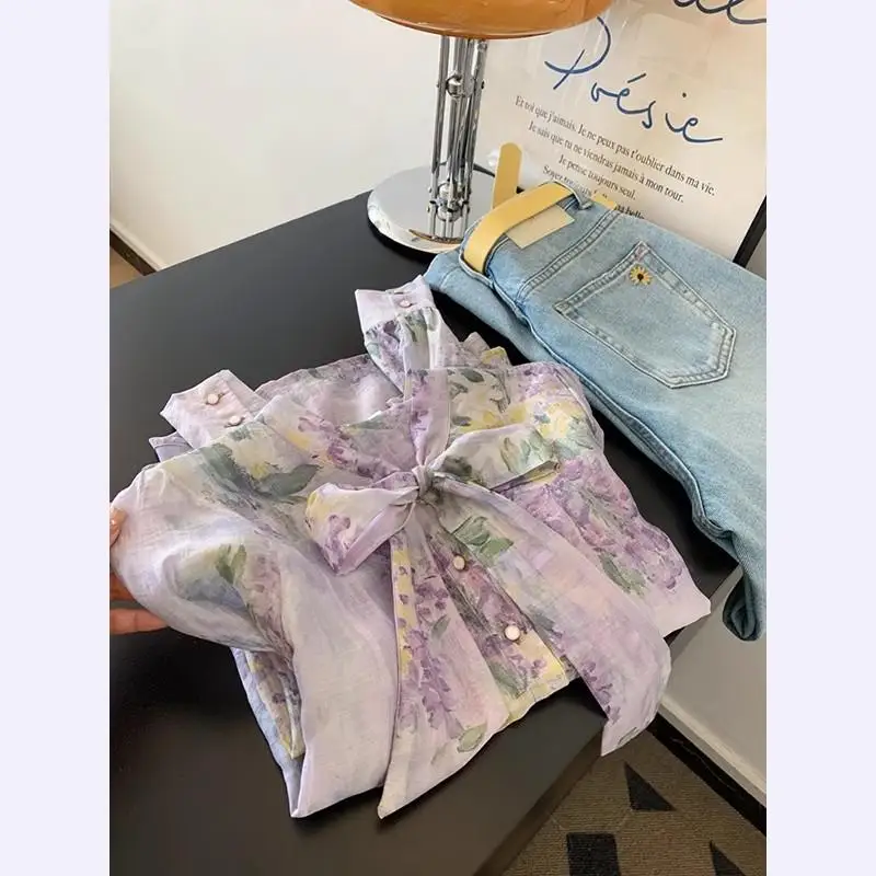 

Элегантная женская рубашка с фиолетовым цветочным принтом, тонким узлом и эффектом роскоши, приталенного кроя, с длинным рукавом, летняя новинка