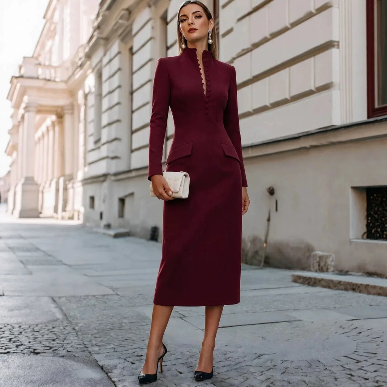 Autumn Elegant Fashion Office Style Dress Woman Button Pocket Decoration Stand Collar Simple Full Sleeve Casual Mini Bodycon