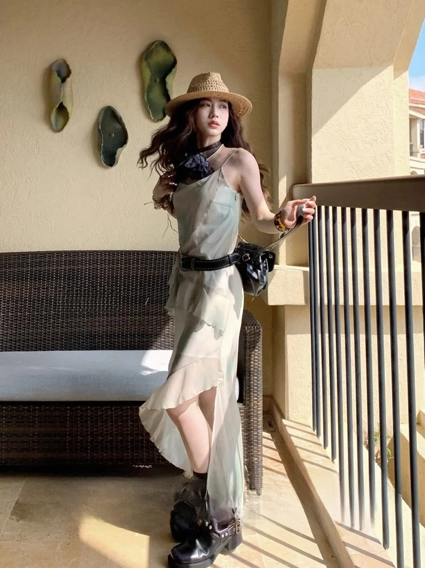 

Весенняя/летняя корейская платье-рубашка с цветными вставками и регулируемыми бретелями, приталенного кроя, из мягкой полиэстеровой ткани