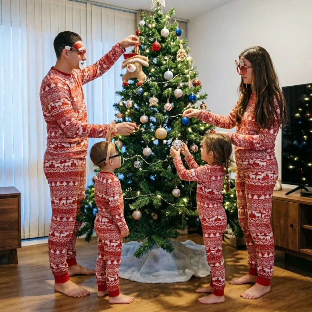 Merry Xmas 2026 Allover Print Christmas Pyjamas Set Adult Kids Matching Pyjamas Baby Dog Romper Loose Soft Sleepwear Family Look